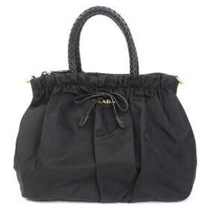 Prada Bow Bag Ribbon Shoulder Logo Metal Tote Black Tessuto
